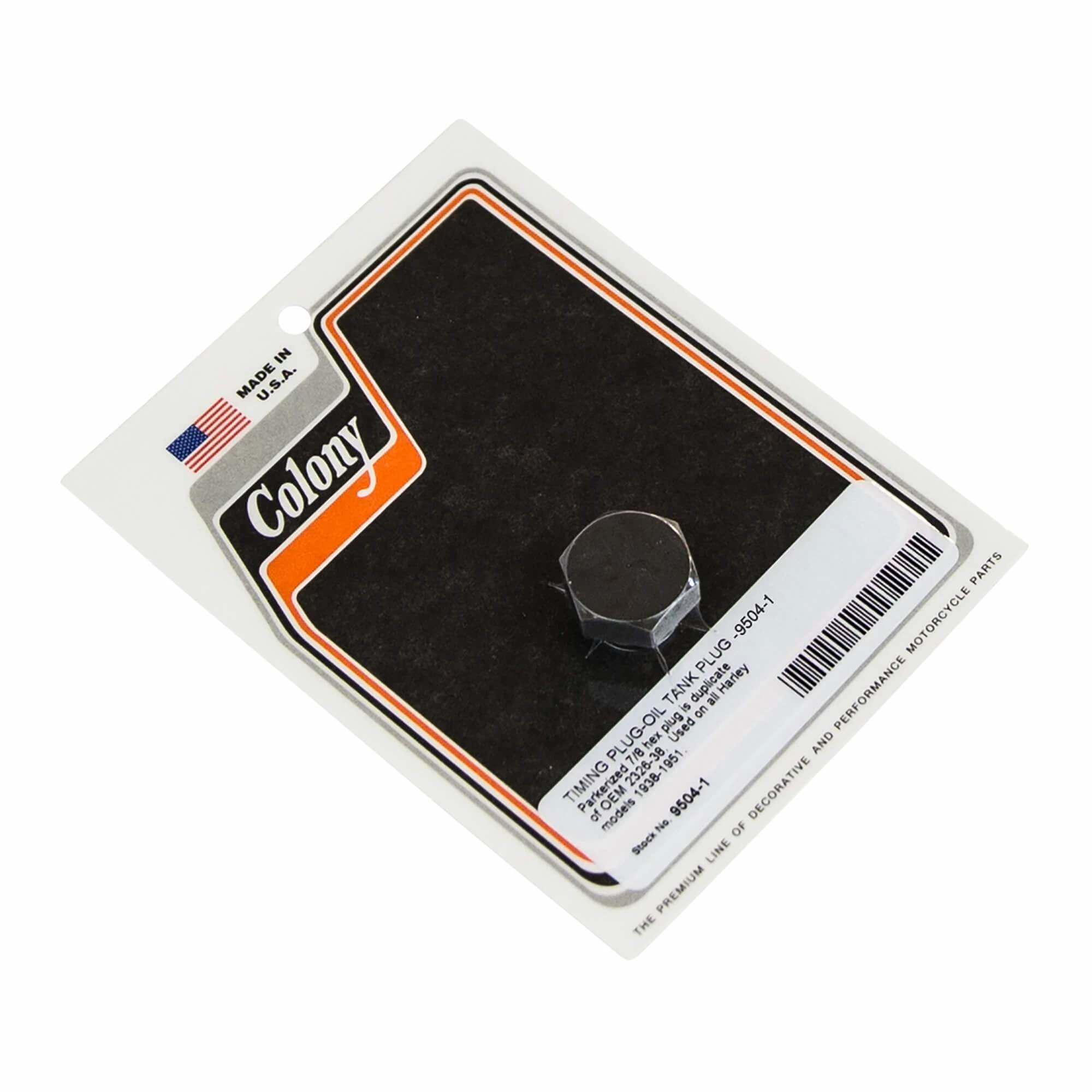 Colony #9504-1 Timing & Oil Tank Plug Parkerized H-D 1938-51 OEM 2326-38 1 Colony #9504-1 Timing & Oil Tank Plug Parkerized H-D 1938-51 OEM 2326-38