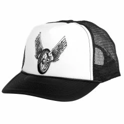 Lowbrow Customs Trucker Hat With Embroidered Winged Wheel Patch